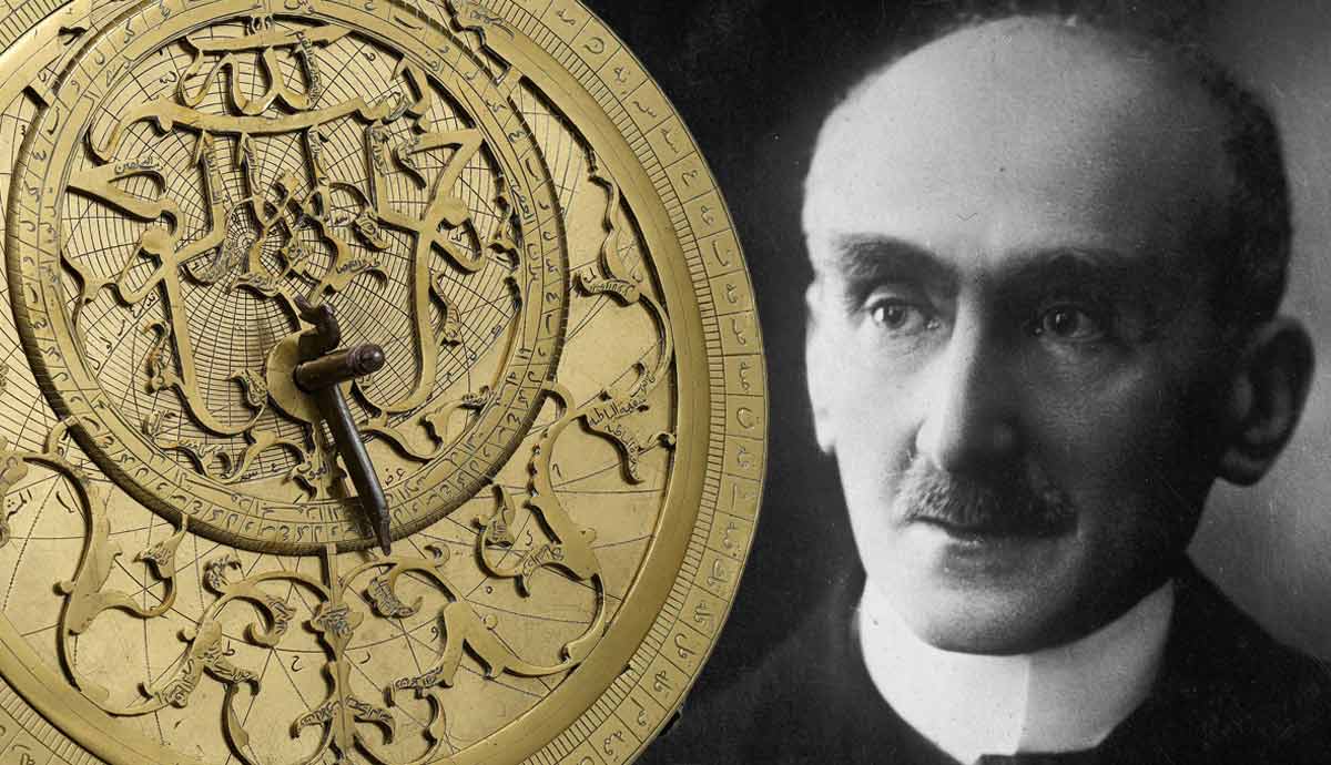An astrolabe next to a black and white portrait.