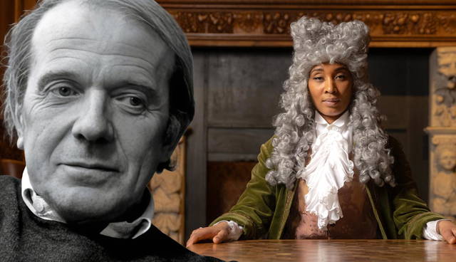 Gilles Deleuze and a woman in a powdered wig.