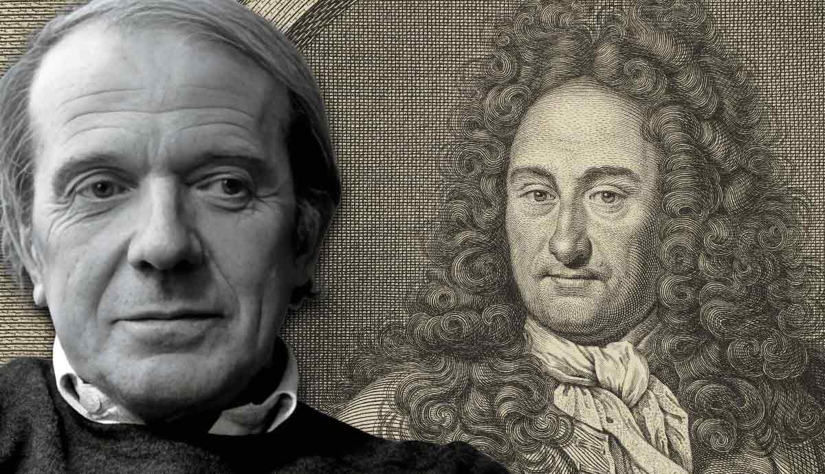 Gilles Deleuze juxtaposed with an engraving of Gottfried Leibniz.