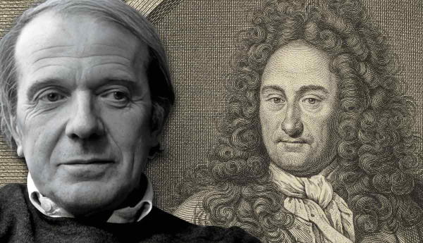 Gilles Deleuze juxtaposed with an engraving of Gottfried Leibniz.