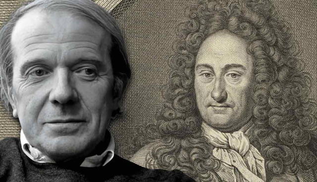 Gilles Deleuze juxtaposed with an engraving of Gottfried Leibniz.