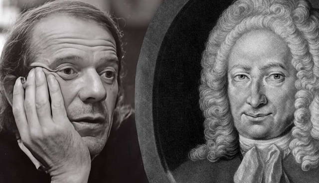 Gilles Deleuze beside a portrait of Gottfried Wilhelm Leibniz