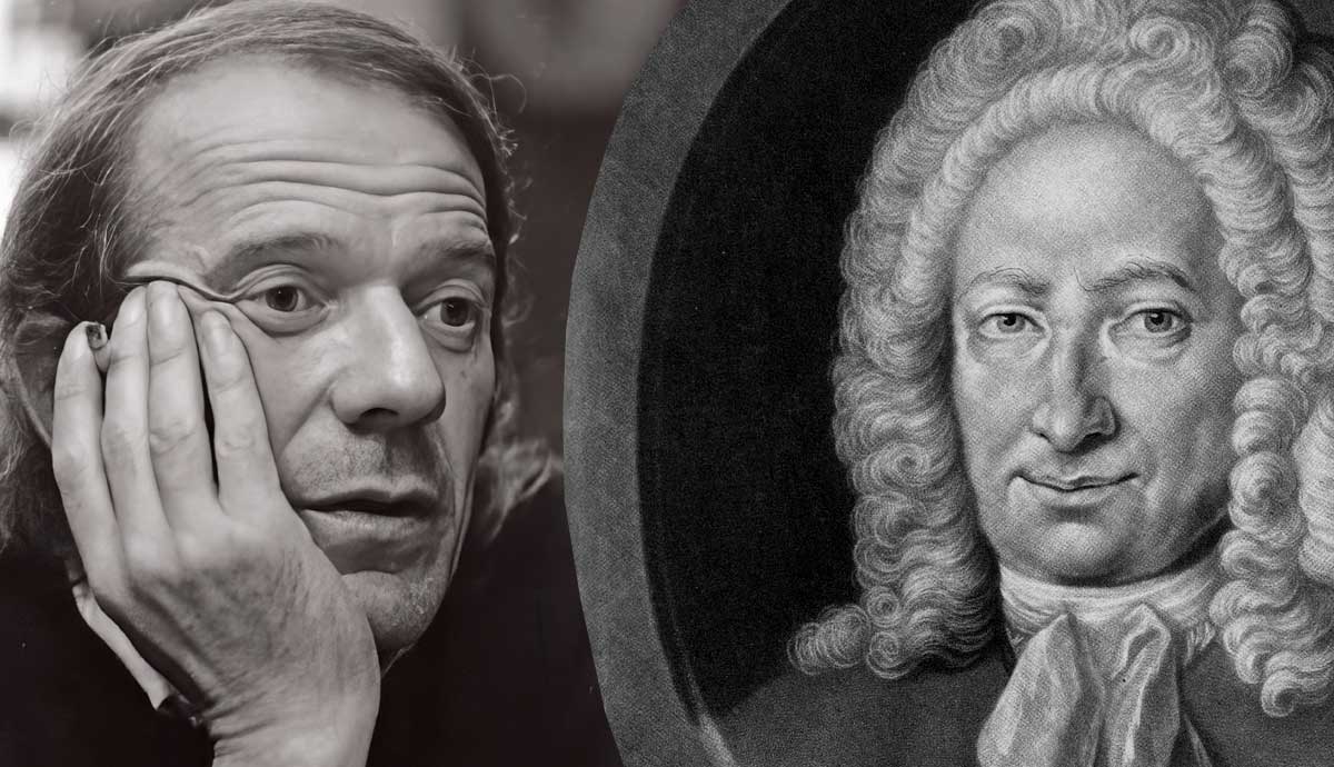 Gilles Deleuze beside a portrait of Gottfried Wilhelm Leibniz