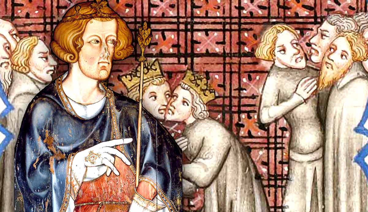 Medieval painting depicting a king holding a golden scepter.
