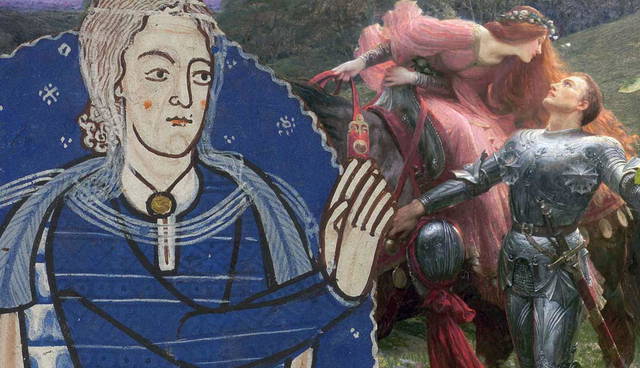 Medieval portrait juxtaposed with Pre-Raphaelite knight painting