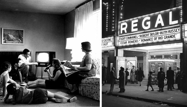 Two vintage black-and-white photos depicting television and cinema.