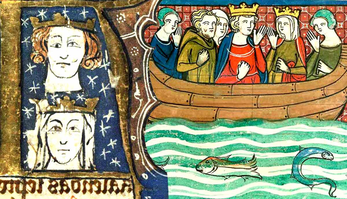 Medieval manuscript illustration of royals in a boat.
