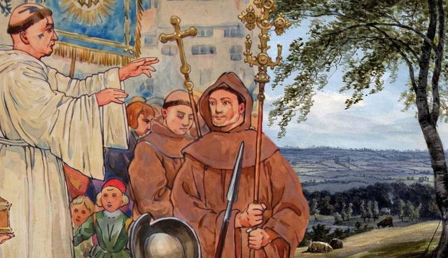 Catholic monks and friars processing with crosses.