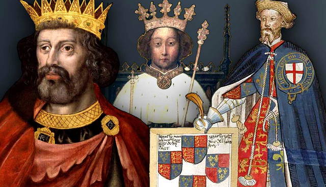 Historical painting depicting three medieval royals with crowns.