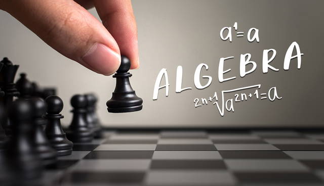 Hand holding a black chess pawn next to "ALGEBRA".