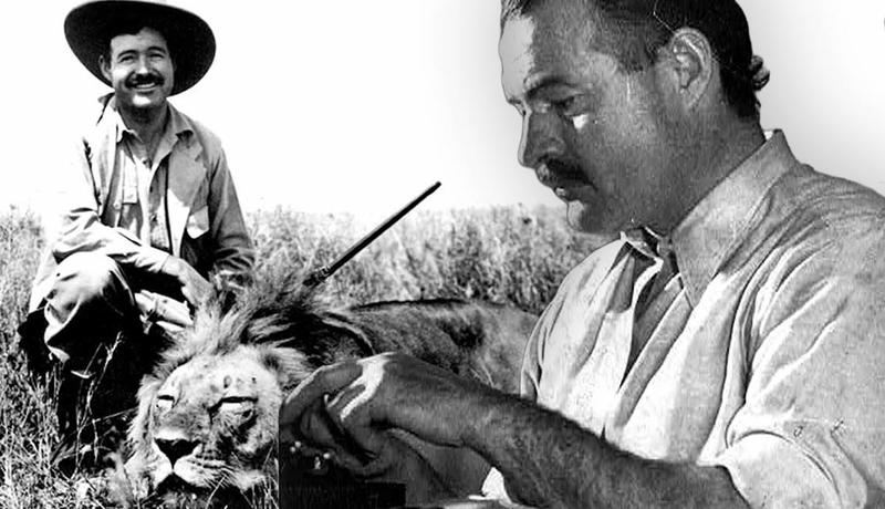Ernest Hemingway at the typewriter and with a lion on a safari.