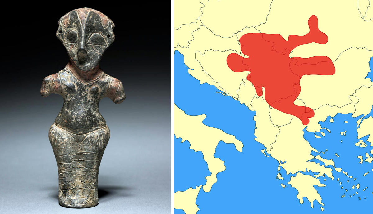A Neolithic figurine next to a Balkan regional map.