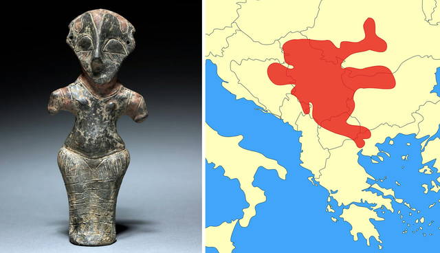 A Neolithic figurine next to a Balkan regional map.