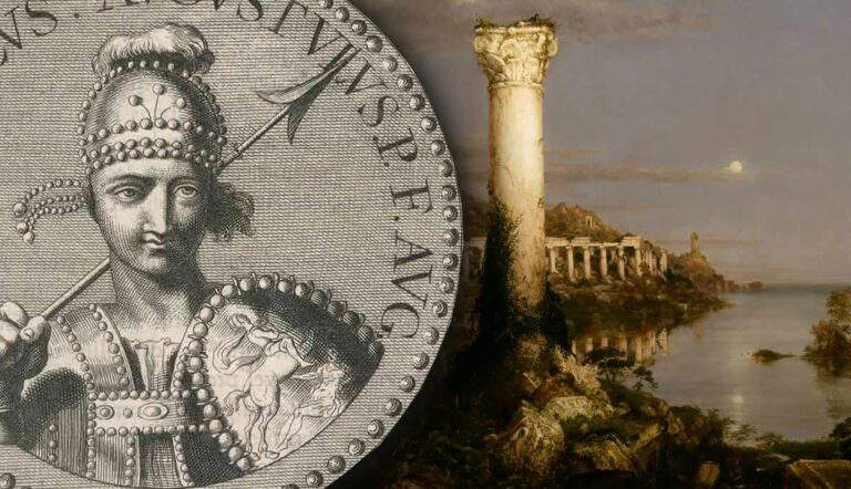 romulus augustulus engraving beside an ancient ruin painting