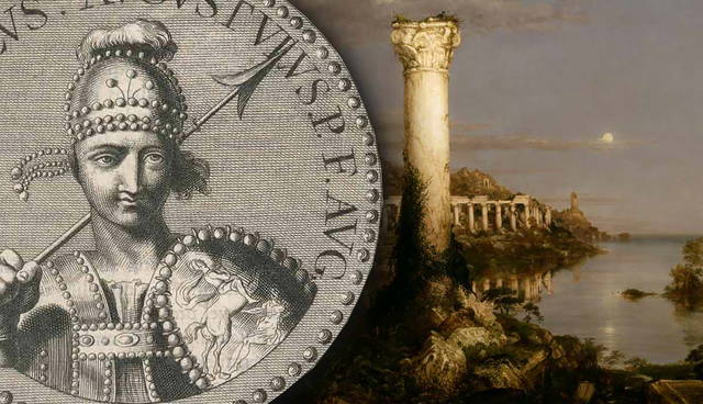 romulus augustulus engraving beside an ancient ruin painting