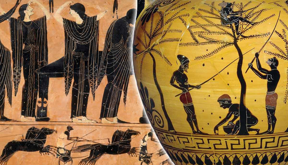 Ancient Greek black-figure pottery artwork details.