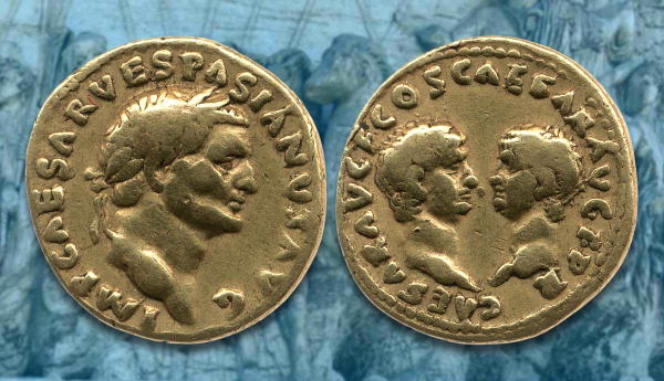 Two Roman gold coins showing profile portraits.