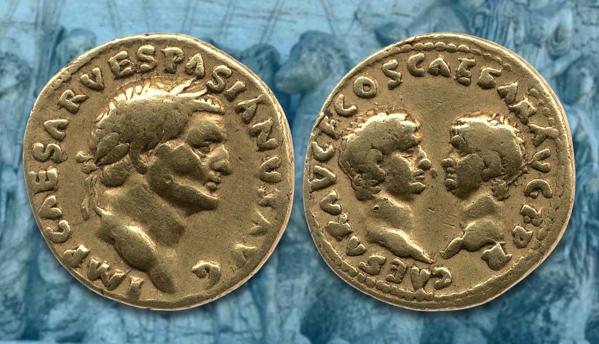 Two Roman gold coins showing profile portraits.