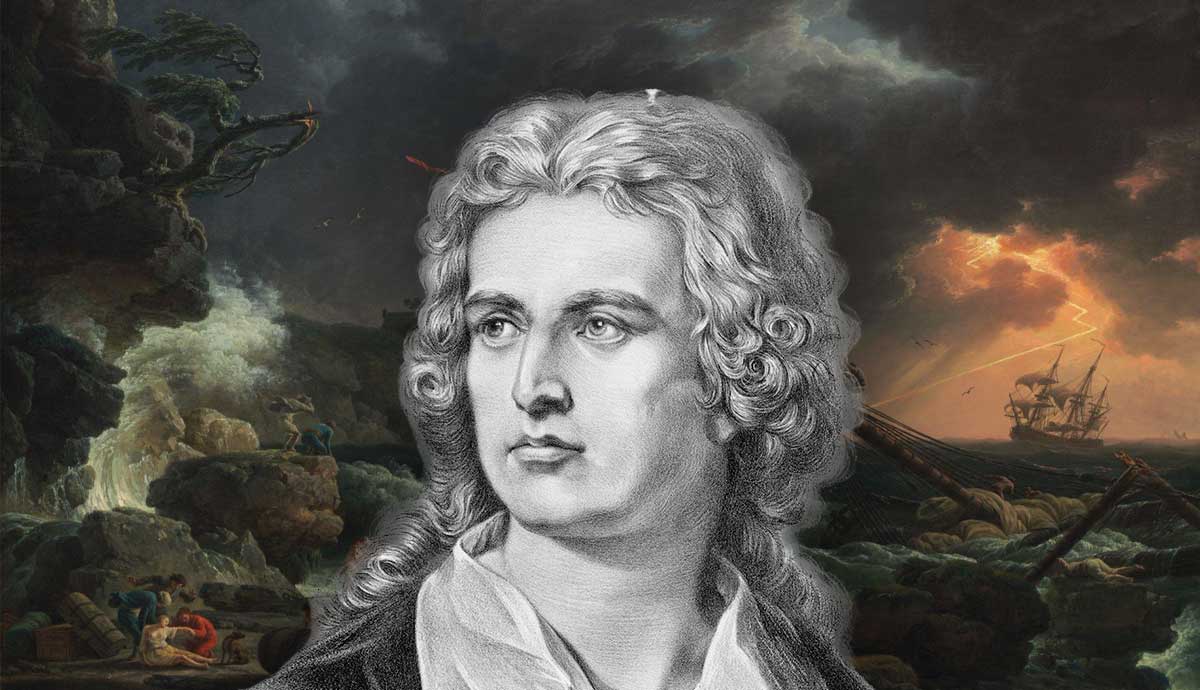 Sketch of Friedrich Schiller superimposed on a stormy landscape.