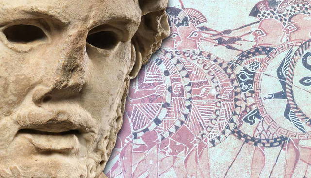 Ancient Greek statue mask overlaid on a hoplite mural.