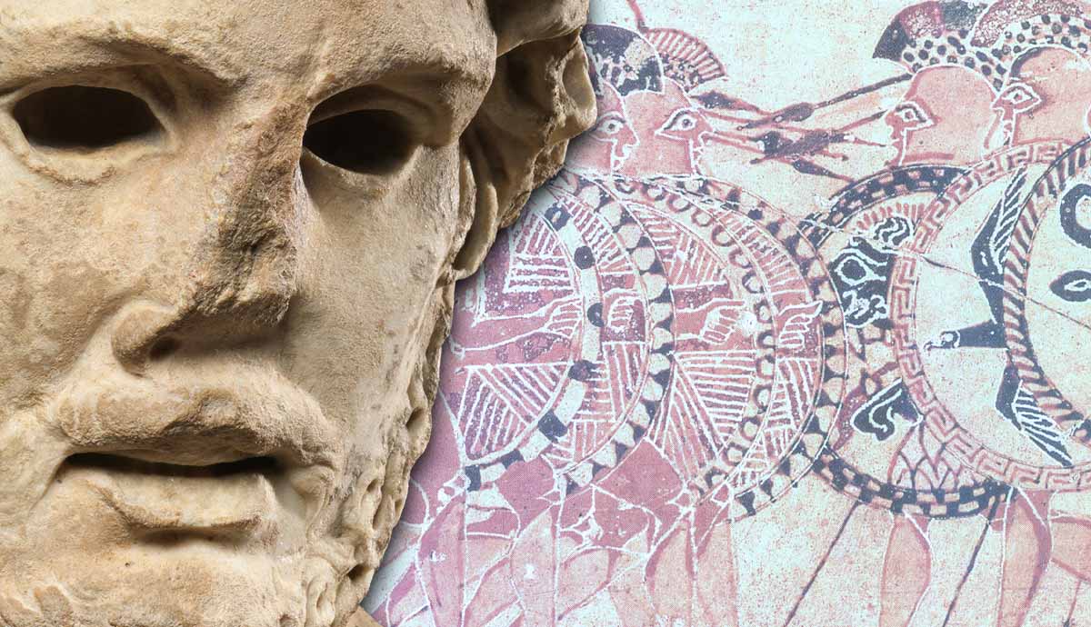 Ancient Greek statue mask overlaid on a hoplite mural.
