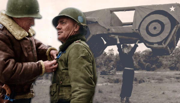 Soldiers receiving medal next to person lifting a Dummy Jeep.
