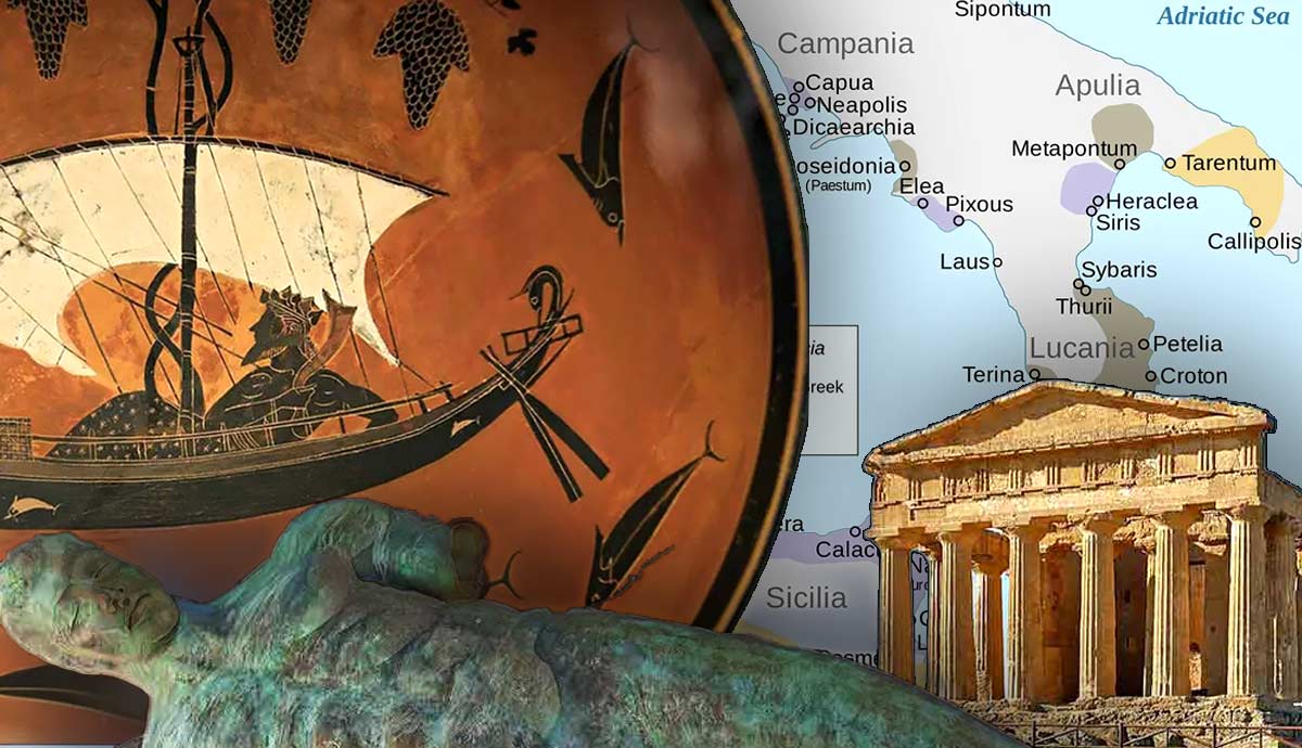 Ancient Greek artifacts and map of Magna Graecia.