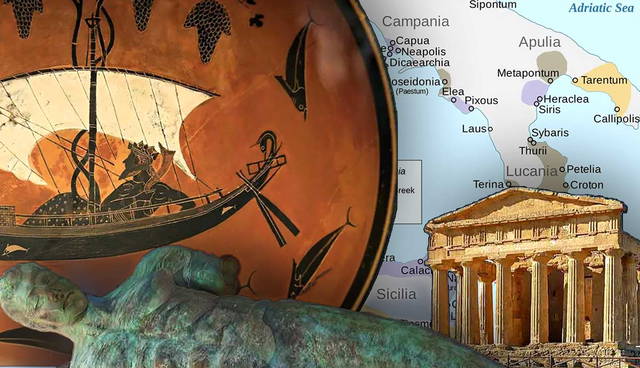 Ancient Greek artifacts and map of Magna Graecia.