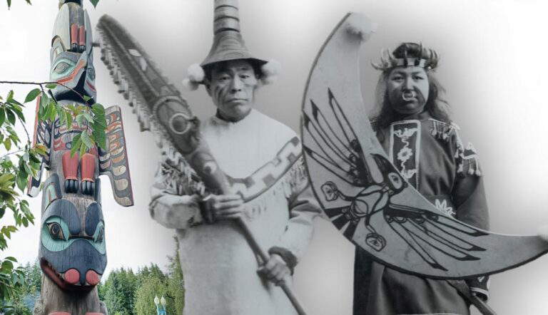 Indigenous Tlingit people with cultural objects and totem.