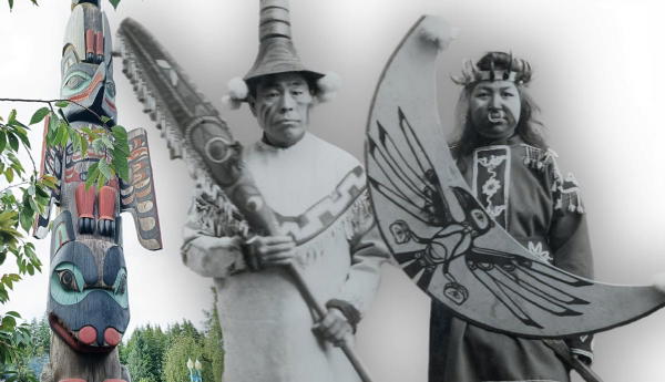 Indigenous Tlingit people with cultural objects and totem.