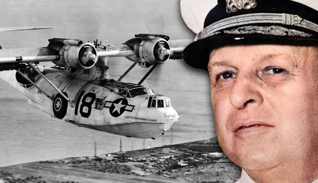 A flying boat plane alongside a naval officer.