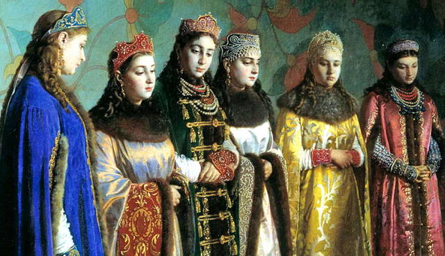 Six Russian brides wearing traditional royal gowns and crowns.