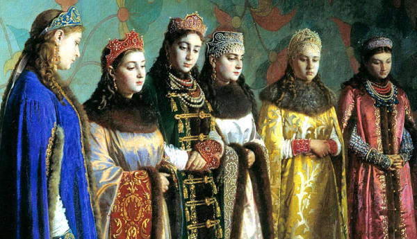 Six Russian brides wearing traditional royal gowns and crowns.