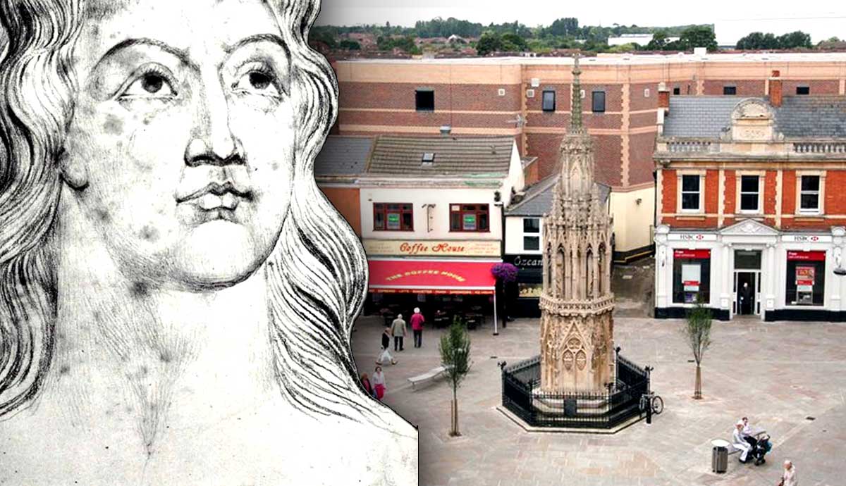 Portrait illustration superimposed over a historic town square market cross.