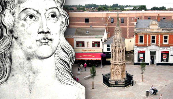 Portrait illustration superimposed over a historic town square market cross.