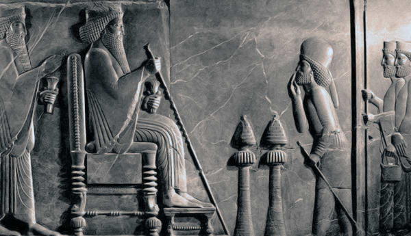 Ancient Persian relief depicting a seated king receiving officials