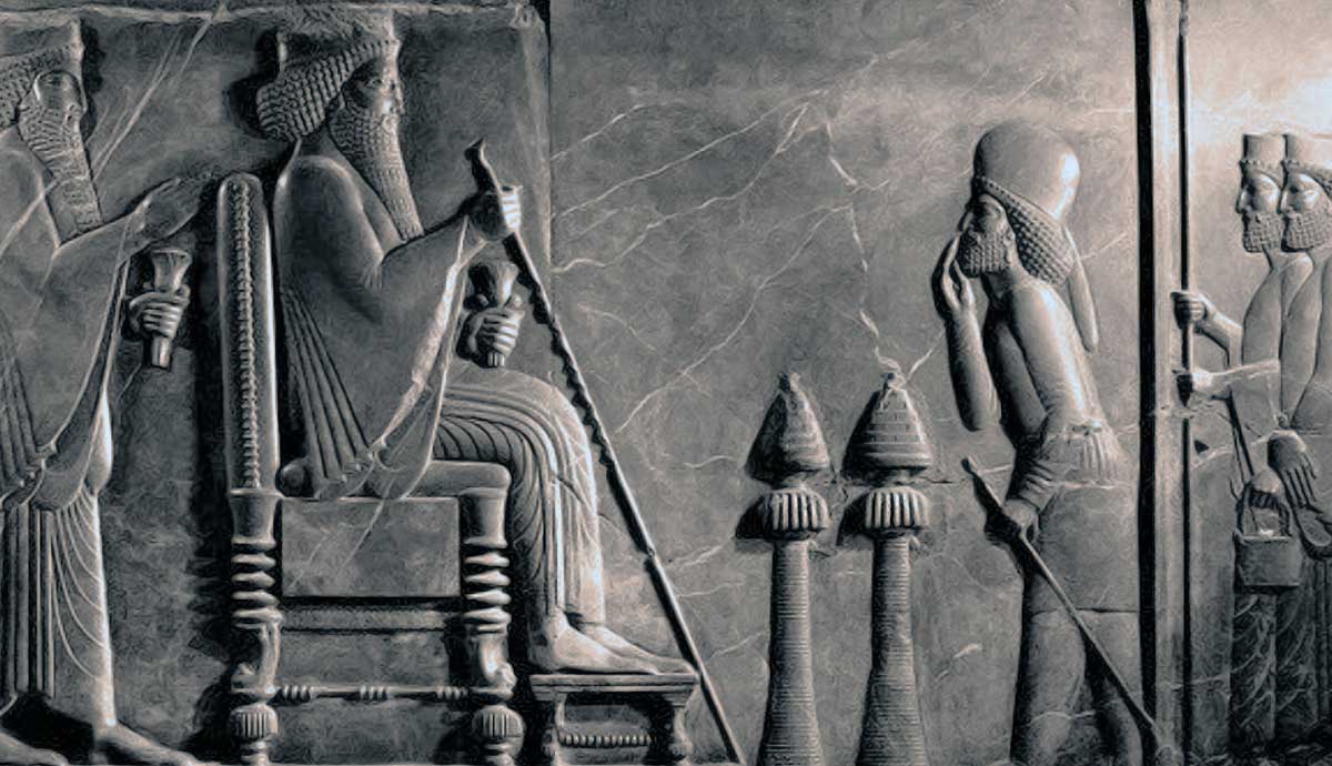 Ancient Persian relief depicting a seated king receiving officials