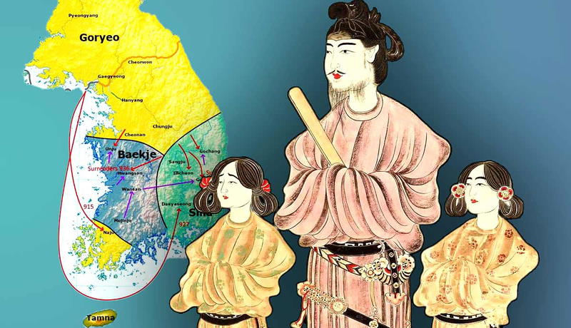 Illustration of Prince Shōtoku next to Goguryeo-Silla-Baekje War map
