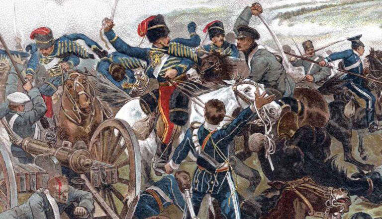 British and Russian cavalry clash during Crimean War.