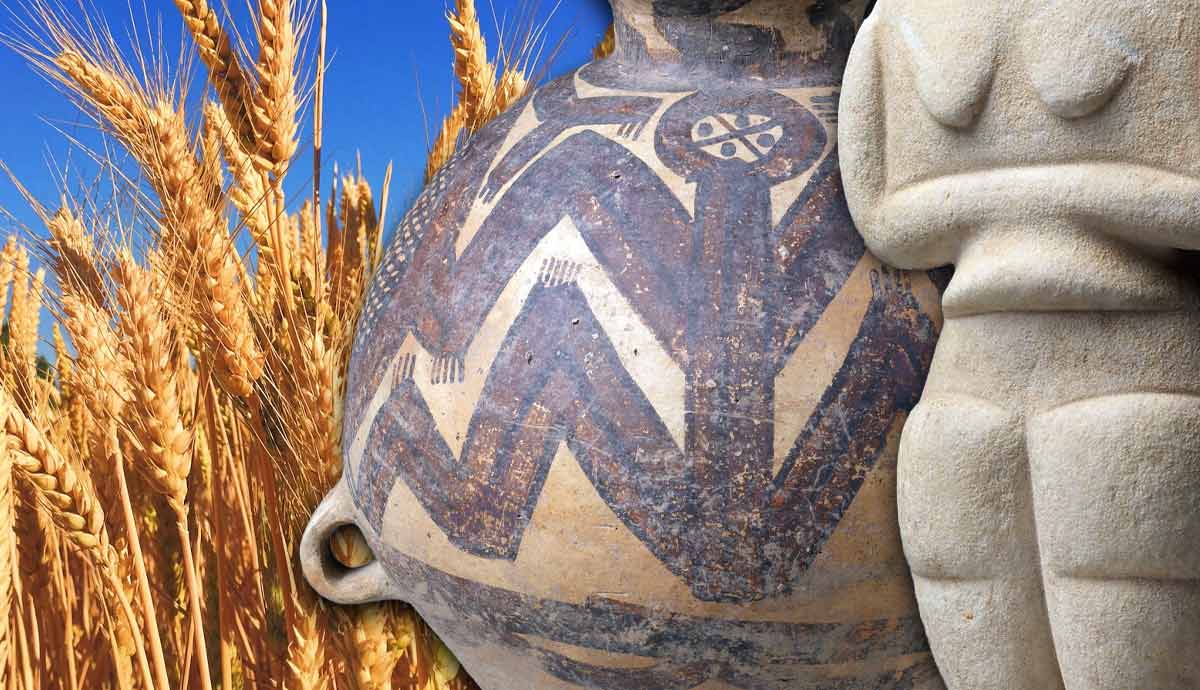 Ancient pottery and stone statue next to wheat fields.