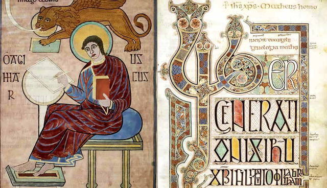 Saint Mark portrait and Lindisfarne Gospels incipit page.