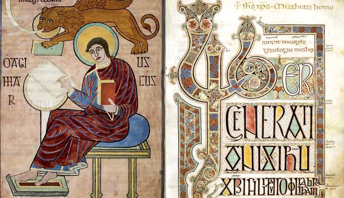 Saint Mark portrait and Lindisfarne Gospels incipit page.
