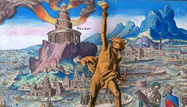 Ancient engraving mashup of Pharos lighthouse and Colossus.