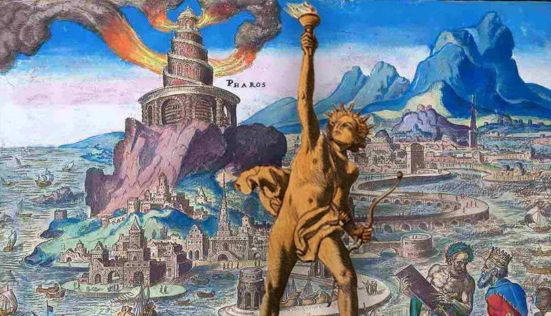Ancient engraving mashup of Pharos lighthouse and Colossus.
