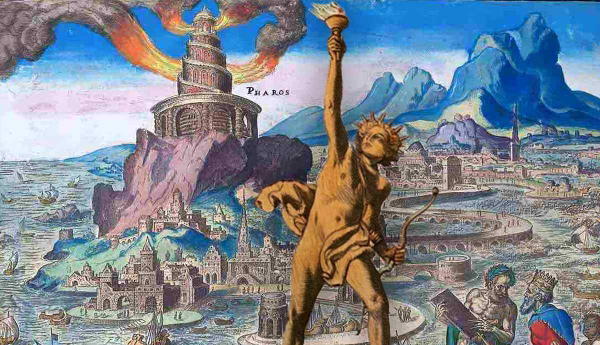 Ancient engraving mashup of Pharos lighthouse and Colossus.