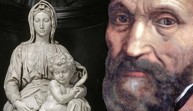 Michelangelo portrait next to his Madonna and Child sculpture
