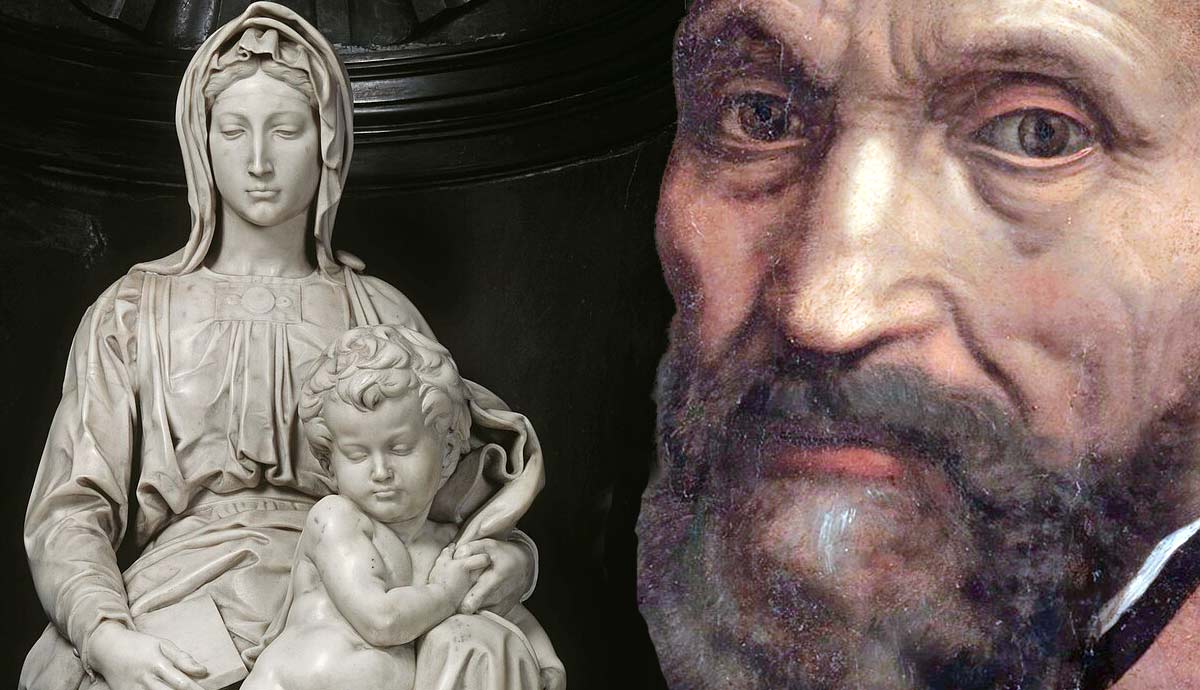 Michelangelo portrait next to his Madonna and Child sculpture