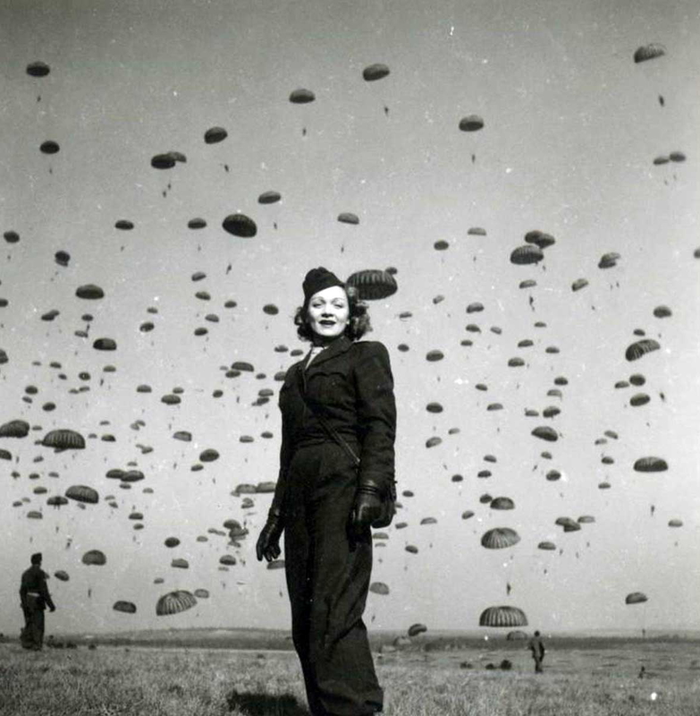 marlene dietrich in front of paratrooper jump practice