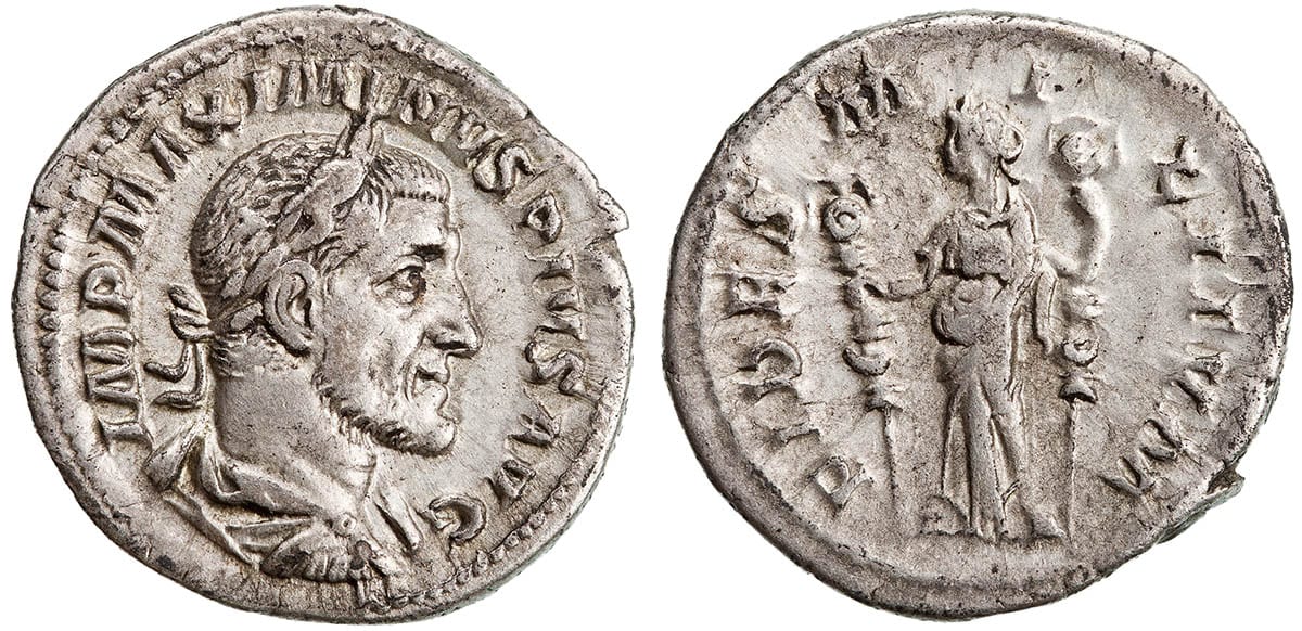 maximinus thrax denarius fides militum silver ancient coin