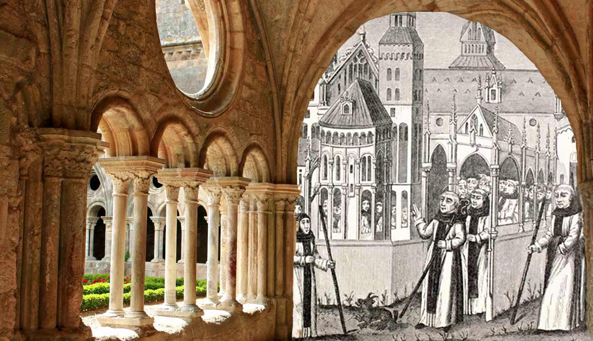 A collage showing a medieval monastery archway and an historical illustration of monks